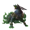 A blue and green fantasy hound with horns and glowing energy in its mouth