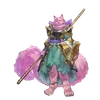 Pink furry cat-like humanoid weilding a large golden cleric staff.