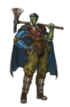 A steampunk mechanical "Framebilt" miner armed with a dual-ended axe/pickaxe.