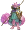 Pink furry cat-like humanoid weilding a large golden cleric staff.