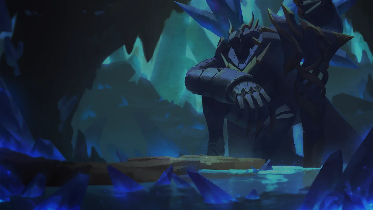 A giant metal automaton kneeling in the background of a darkly lit cave