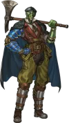 A steampunk mechanical "Framebilt" miner armed with a dual-ended axe/pickaxe.