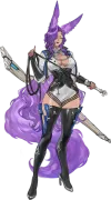 Purple-haired humanoid "Astrapaw Kits’adria" with long furry purple ears, brandishing a whip.